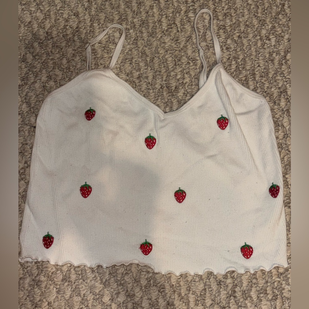 White Tank Top with Strawberry Embroidery